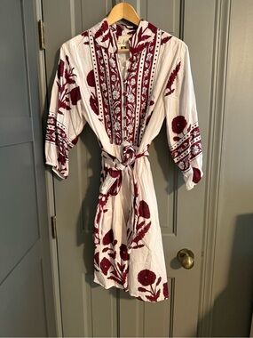 Boho Embroidered White Dress with Burgundy Floral Accents